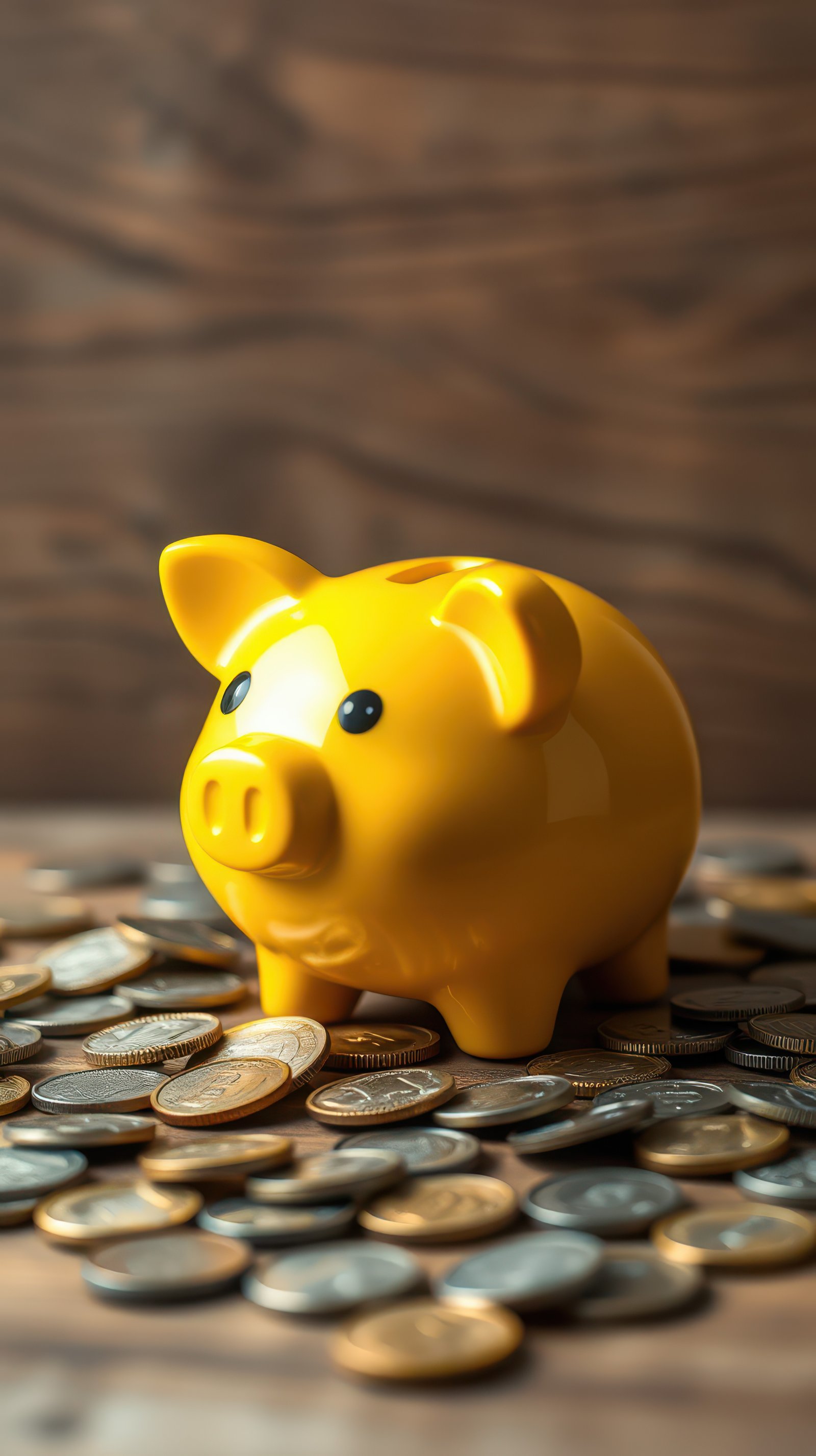 Piggy bank surrounded by coins symbolizes savings and financial planning in a warm setting